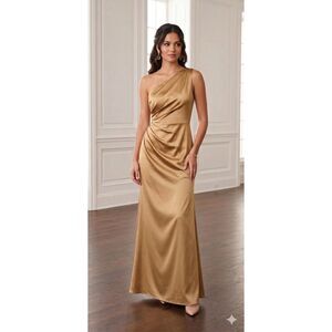 Petal and Pup Maxi Dress Size 2 Bronze Satin One Shoulder Asymmetrical Formal